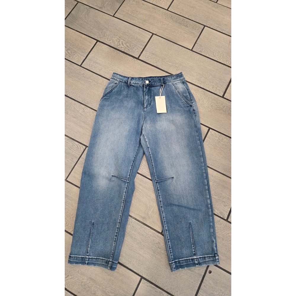 Flamingals Wide Leg Light Wash Blue Denim Jeans Slit Hem Size L 266559 CH